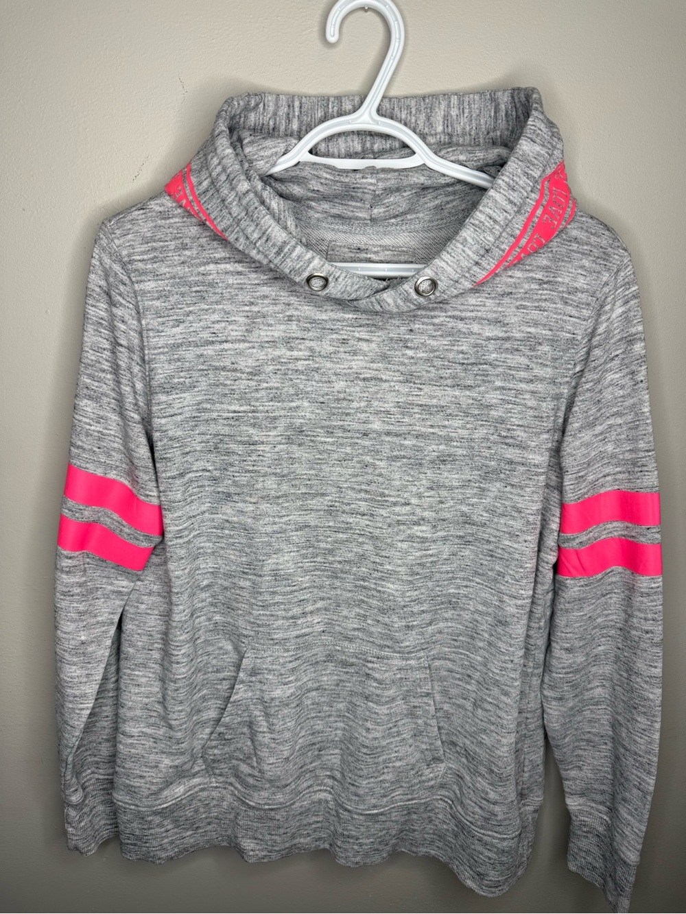Warehouse One Gray Heather Pullover Hoodie with Pink Sleeve Stripes XL